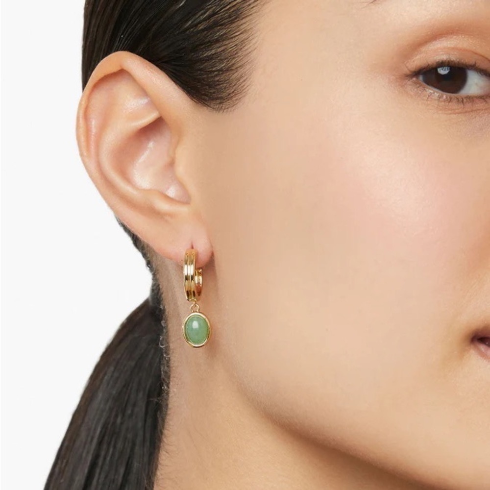 Natural Agate 18K Gold Plated Green Stone Hoop Earrings